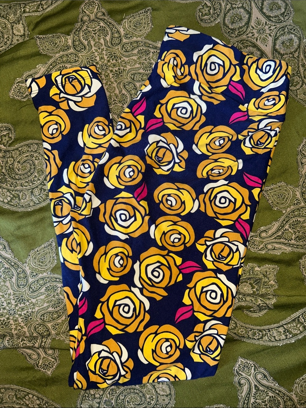 LuLaRoe Navy Leggings with Yellow Rose and Pink Accents